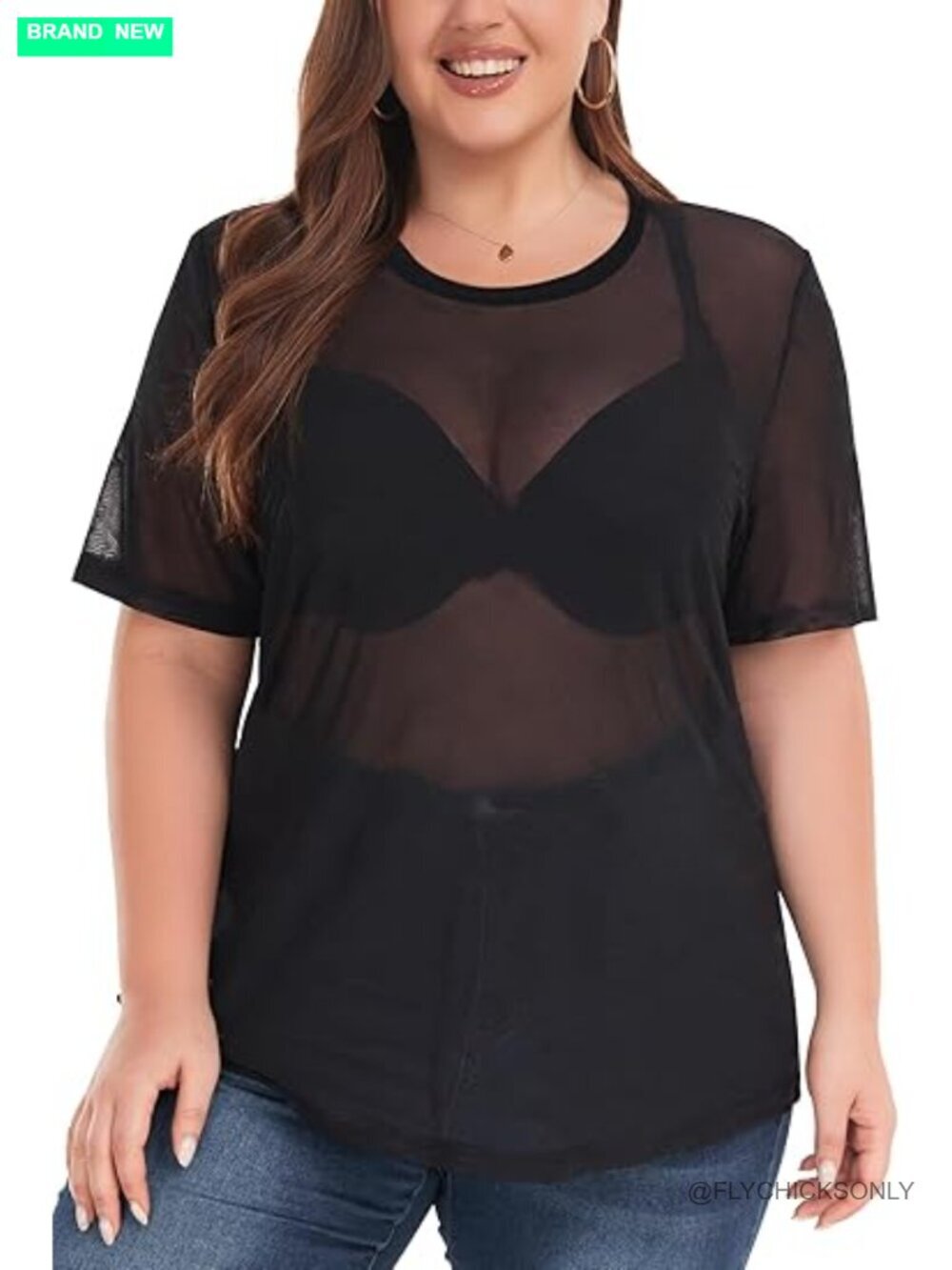 Women's Plus Size Glitter Sheer Mesh Short Sleeve Tee Top